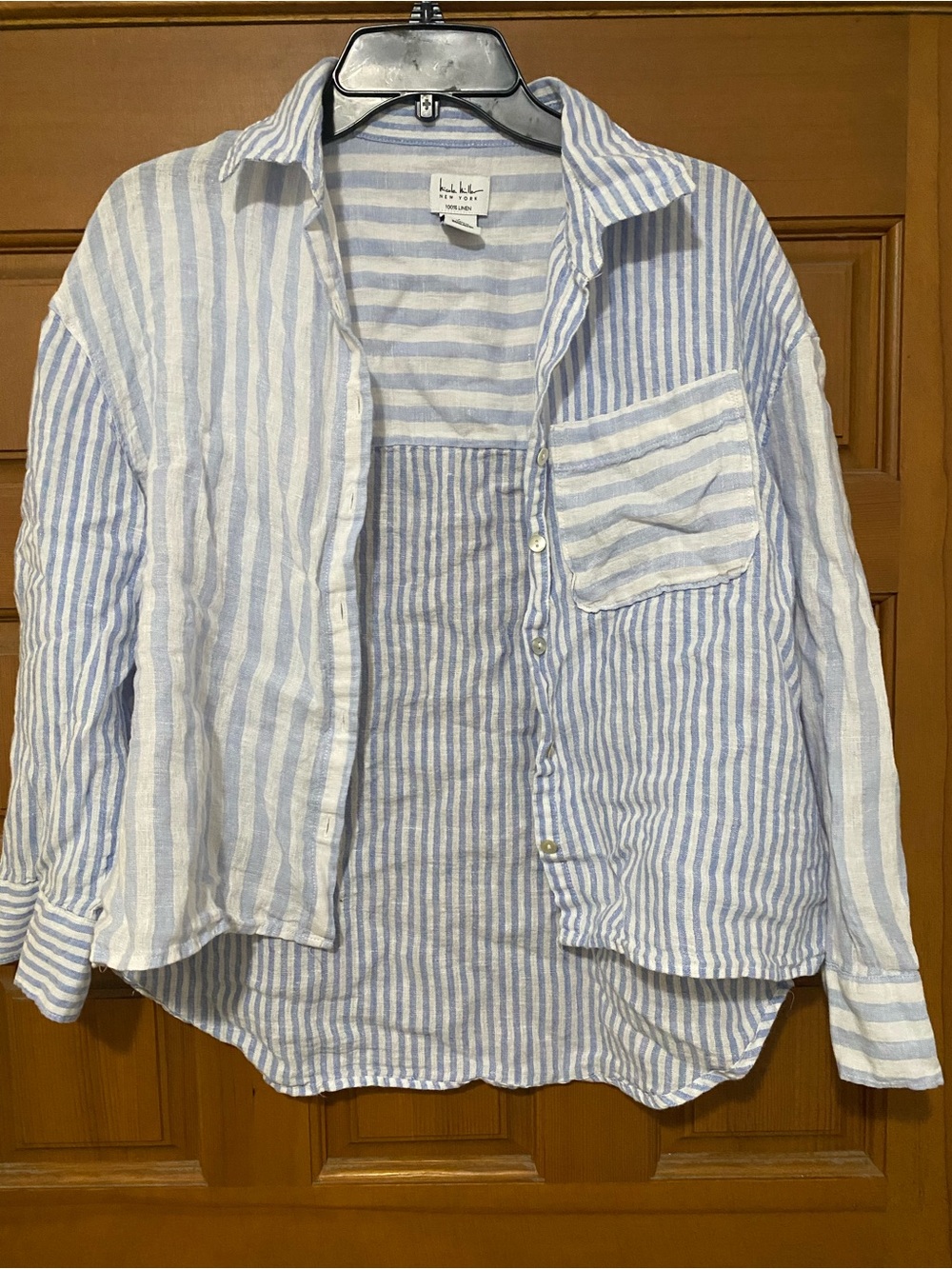 Nicole Miller Light Blue and White Striped Button-Down Shirt